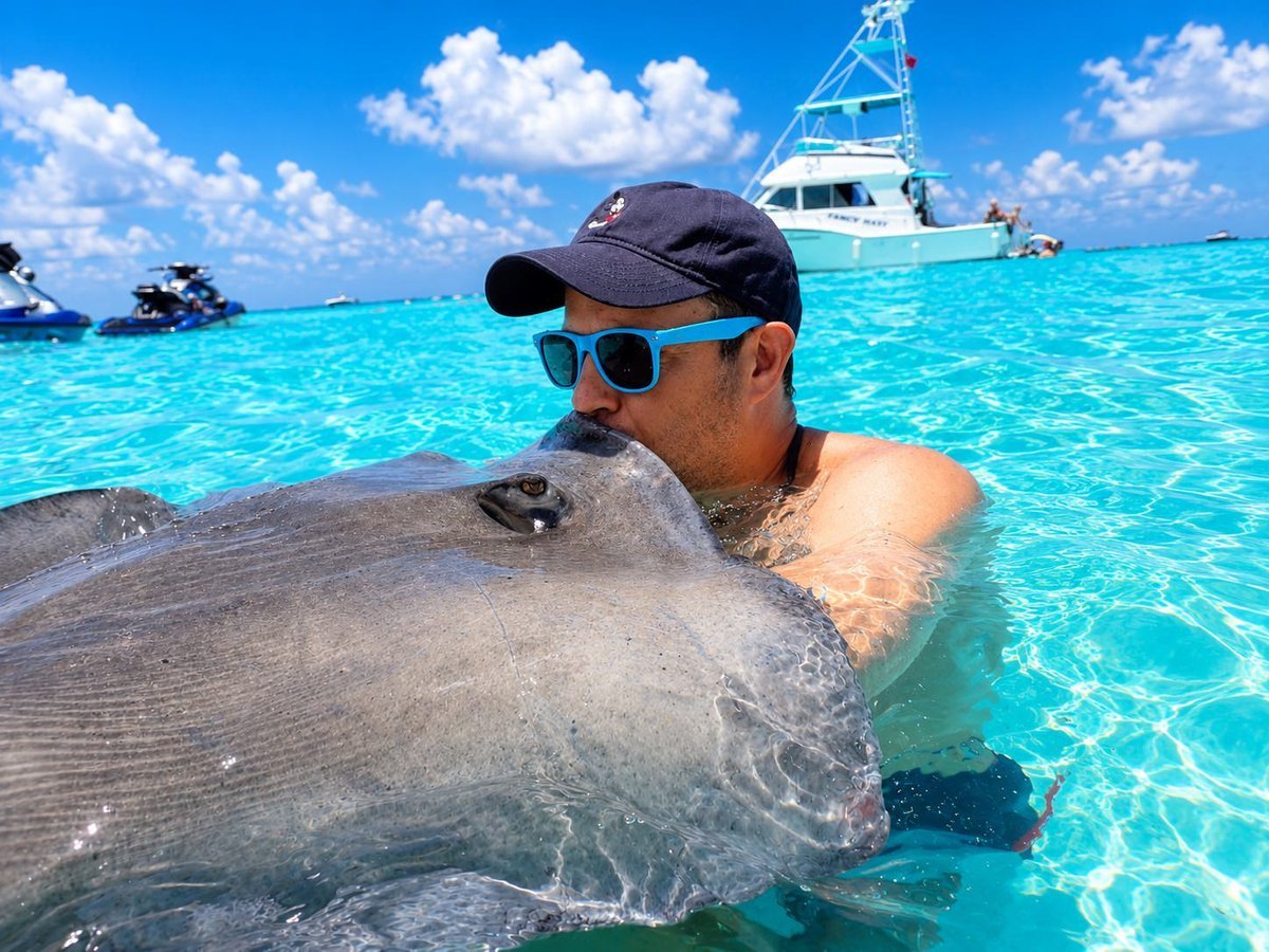 Cayman Adventure Tours guest kissing a large southern stingray in turquoise water at the Stingray City sandbar in Grand Cayman