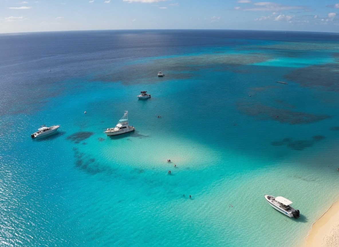 Aerial view of boats and people at the turquoise Stingray City sandbar in Grand Cayman