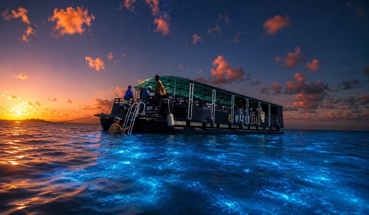 Cayman Adventure Tours boat anchored at sunset over glowing blue bioluminescent water in Grand Cayman, guests climbing down the ladder to swim